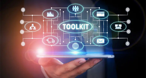 businessman choosing toolkit from virtual menu